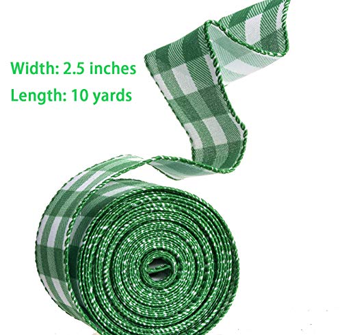 ATRBB Green and White Buffalo Plaid Ribbon Wired Edge Gingham Ribbon for St Patrick's Day Decoration and Bows Craft,10 Yards by 2.5 Inches