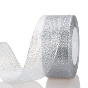 yaseo 1 1/2 inch silver glitter ribbon, 25 yards sparkly metallic fabric ribbons for gifts wrapping wedding party decoration and crafts