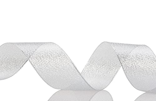 YASEO 1 1/2 Inch Silver Glitter Ribbon, 25 Yards Sparkly Metallic Fabric Ribbons for Gifts Wrapping Wedding Party Decoration and Crafts