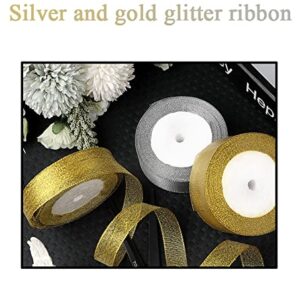 YASEO 1 1/2 Inch Silver Glitter Ribbon, 25 Yards Sparkly Metallic Fabric Ribbons for Gifts Wrapping Wedding Party Decoration and Crafts