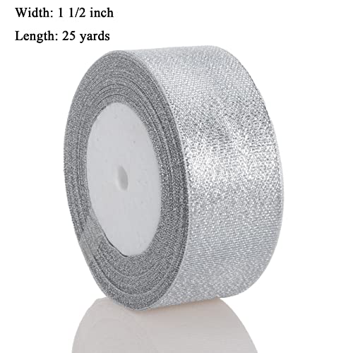 YASEO 1 1/2 Inch Silver Glitter Ribbon, 25 Yards Sparkly Metallic Fabric Ribbons for Gifts Wrapping Wedding Party Decoration and Crafts