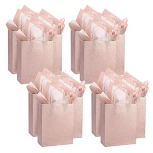 uniqooo 12 pack 9.5″ rose gold pink glitter kraft paper gift bags for wedding | thank you bag favor bags for bridal shower, baby shower, valentine’s day, holidays, anniversaries, parties