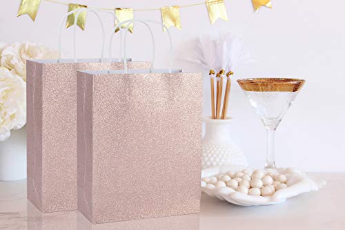 UNIQOOO 12 Pack 9.5" Rose Gold Pink Glitter Kraft Paper Gift Bags For Wedding | Thank You Bag Favor Bags For Bridal Shower, Baby Shower, Valentine's Day, Holidays, Anniversaries, Parties