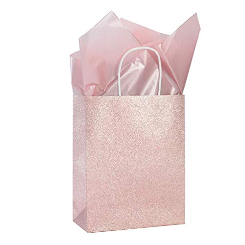 UNIQOOO 12 Pack 9.5" Rose Gold Pink Glitter Kraft Paper Gift Bags For Wedding | Thank You Bag Favor Bags For Bridal Shower, Baby Shower, Valentine's Day, Holidays, Anniversaries, Parties