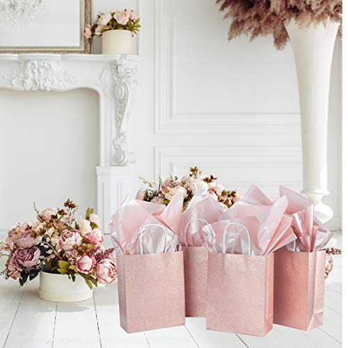 UNIQOOO 12 Pack 9.5" Rose Gold Pink Glitter Kraft Paper Gift Bags For Wedding | Thank You Bag Favor Bags For Bridal Shower, Baby Shower, Valentine's Day, Holidays, Anniversaries, Parties