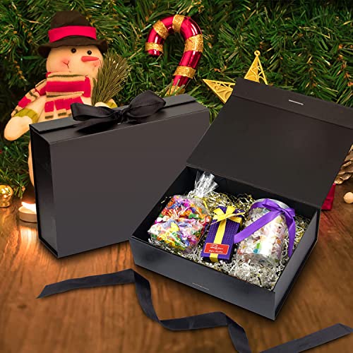 Gift Boxes with Lid,Gift Boxes with Ribbon and Magnetic Closure for Wrapping Gifts 10.2x7.4x3.1 Inches (Black)