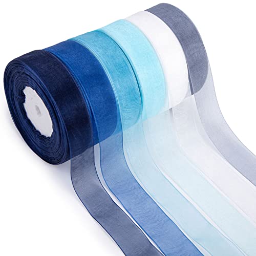 VGOODALL Blue Organza Ribbons, 6 Rolls Tulle Organza Ribbons 300Yd Sheer Chiffon Ribbons for DIY Crafts Gift Wrapping Winter Ocean Frozen Theme Decoration