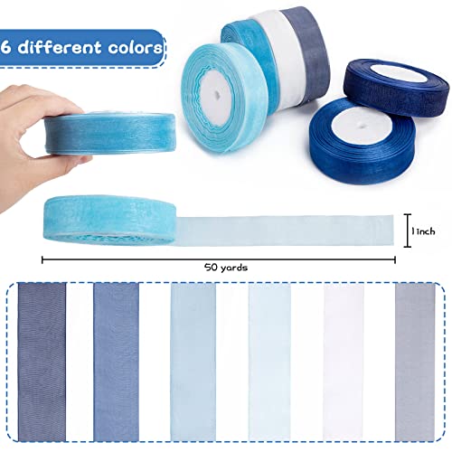 VGOODALL Blue Organza Ribbons, 6 Rolls Tulle Organza Ribbons 300Yd Sheer Chiffon Ribbons for DIY Crafts Gift Wrapping Winter Ocean Frozen Theme Decoration