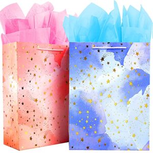 Gift Bag,Birthday Gift bags Large Gift Bags Set Included 2 Pack Paper Gift Bags with Tissue Paper, Colorful Pink Blue Gift Bags for Women, Men, Boy, Girl, Kids, Pretty Gift Bags for Birthday,Party,Bridal Shower,Gift Bag with Handles,Present Bags Gift Wrap