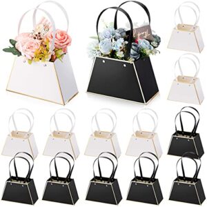 12 Pcs Craft Paper Flower Gift Bags Portable Bouquet Bags Box with Handle Waterproof Bouquet Gift Box Flowers Trapezoidal Florist Packaging Wrap for Valentine's Day Mother's Day (Black, White)