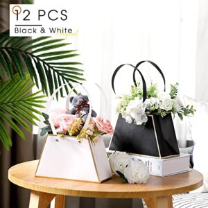 12 Pcs Craft Paper Flower Gift Bags Portable Bouquet Bags Box with Handle Waterproof Bouquet Gift Box Flowers Trapezoidal Florist Packaging Wrap for Valentine's Day Mother's Day (Black, White)