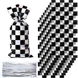 100 pieces cellophane car candy bags black white checkered racing treat bags plastic race gift goodie bags food storage bags for with 100 pieces silver twist ties for cars birthday party decorations