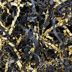 crinkle cut paper shred filler (1/2 lb) for valentine’s day gifts craft diy’s packaging, black & gold shredded paper for gift box, wrapping & basket filling for christmas, halloween & wedding decorations (black & gold）