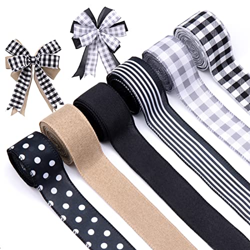Woiworco 6 Rolls 30 Yards Buffalo Plaid Stripe Ribbon Wired Edge Ribbon, 2 inch Wired Ribbon for Gift Wrapping, Ribbon for Bow Maker Crafts DIY Wrapping Decoration