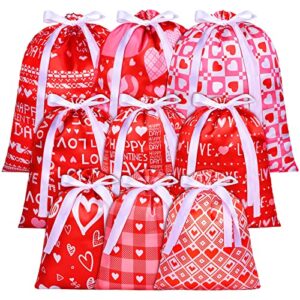 fovths 9 pack large valentines gift bags with drawstring satin fabric gift wrapping bags bulk for valentines day gifts anniversaries treats and party favors (3 assorted size)