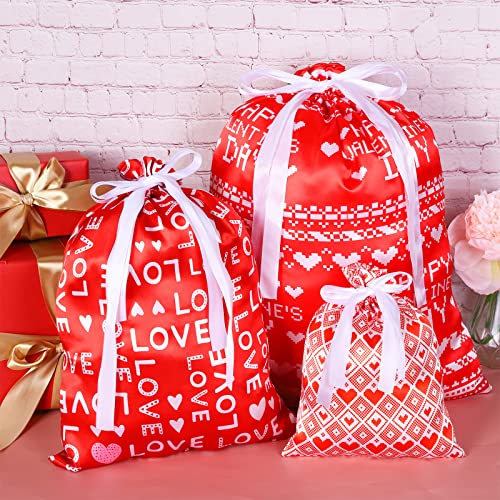 Fovths 9 Pack Large Valentines Gift Bags with Drawstring Satin Fabric Gift Wrapping Bags Bulk for Valentines Day Gifts Anniversaries Treats and Party Favors (3 Assorted Size)