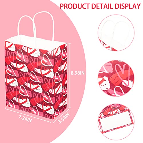 OuMuaMua 20Pcs Valentines Day Decorations Gift Bags with Handles, 7.25" x 9" x 3.5" Pink Red Hearts Paper Bags for Valentine's Day School Classrooms Exchange Party Favors Gift Goody Bags