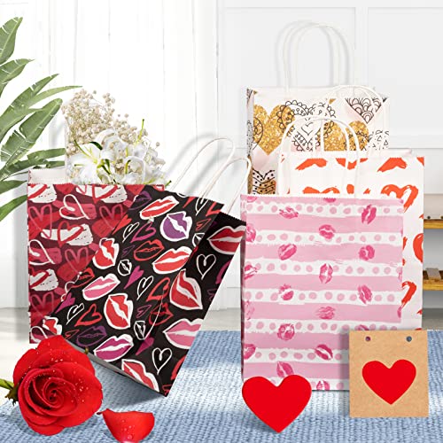 OuMuaMua 20Pcs Valentines Day Decorations Gift Bags with Handles, 7.25" x 9" x 3.5" Pink Red Hearts Paper Bags for Valentine's Day School Classrooms Exchange Party Favors Gift Goody Bags