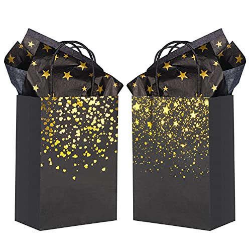 Sharlity Small Black Gold Gift Bags 24pcs Party Paper Bags with Star Tissue Paper for New Year, Birthday, Wedding, Bridal, Baby Shower, Black and Gold Party Supplies (8.3 x 5.9 x 3.1inch)