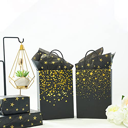 Sharlity Small Black Gold Gift Bags 24pcs Party Paper Bags with Star Tissue Paper for New Year, Birthday, Wedding, Bridal, Baby Shower, Black and Gold Party Supplies (8.3 x 5.9 x 3.1inch)