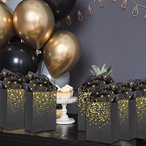 Sharlity Small Black Gold Gift Bags 24pcs Party Paper Bags with Star Tissue Paper for New Year, Birthday, Wedding, Bridal, Baby Shower, Black and Gold Party Supplies (8.3 x 5.9 x 3.1inch)