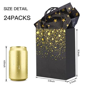 Sharlity Small Black Gold Gift Bags 24pcs Party Paper Bags with Star Tissue Paper for New Year, Birthday, Wedding, Bridal, Baby Shower, Black and Gold Party Supplies (8.3 x 5.9 x 3.1inch)