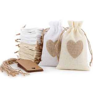 filifala 30 pieces heart burlap bags with tags and ropes,4 x 6 inch drawstring linen gift pouch for jewelry,makeup,party,wedding,birthdays,valentine’s day,baby shower favor gift bags
