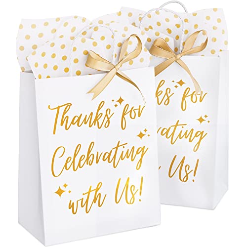 25 Pack Wedding Gift Bag with Tissue Paper - Gold Wedding Gift Bags for Hotel Guests, Welcome Bags for Wedding Guests Bulk, Wedding Gift Bags for Hotel Guests, Wedding Welcome Bags, Thank You Gift Bags Medium Size (8"L x 4.5"W x 10"H, White)