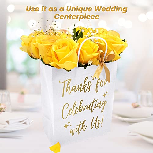 25 Pack Wedding Gift Bag with Tissue Paper - Gold Wedding Gift Bags for Hotel Guests, Welcome Bags for Wedding Guests Bulk, Wedding Gift Bags for Hotel Guests, Wedding Welcome Bags, Thank You Gift Bags Medium Size (8"L x 4.5"W x 10"H, White)