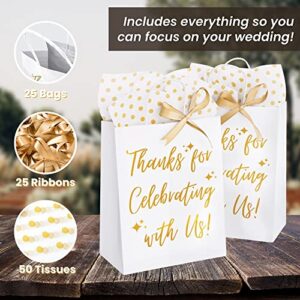 25 Pack Wedding Gift Bag with Tissue Paper - Gold Wedding Gift Bags for Hotel Guests, Welcome Bags for Wedding Guests Bulk, Wedding Gift Bags for Hotel Guests, Wedding Welcome Bags, Thank You Gift Bags Medium Size (8"L x 4.5"W x 10"H, White)