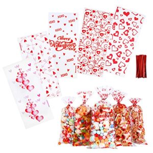 kesoto 100 pieces red valentines day cellophane treat bags for kids, clear heart goodie candy snack bags bulk with twist ties for valentines party favor supplies