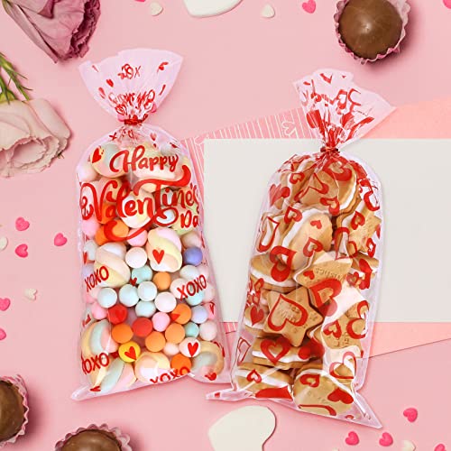 Kesoto 100 Pieces Red Valentines Day Cellophane Treat Bags for Kids, Clear Heart Goodie Candy Snack Bags Bulk with Twist Ties for Valentines Party Favor Supplies