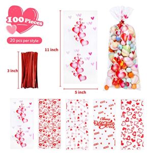 Kesoto 100 Pieces Red Valentines Day Cellophane Treat Bags for Kids, Clear Heart Goodie Candy Snack Bags Bulk with Twist Ties for Valentines Party Favor Supplies