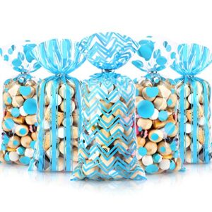 105 pcs baby shower cellophane treat bags, gender reveal candy bag polka dot stripes printed plastic goodie favor bags with 100 silver twist ties for christmas birthday party decor(blue)
