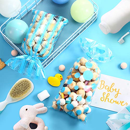 105 PCS Baby Shower Cellophane Treat Bags, Gender Reveal Candy Bag Polka Dot Stripes Printed Plastic Goodie Favor Bags with 100 Silver Twist Ties for Christmas Birthday Party Decor(Blue)