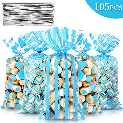 105 PCS Baby Shower Cellophane Treat Bags, Gender Reveal Candy Bag Polka Dot Stripes Printed Plastic Goodie Favor Bags with 100 Silver Twist Ties for Christmas Birthday Party Decor(Blue)