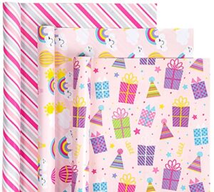 wrapaholic birthday wrapping paper roll – mini roll – 3 rolls – 17 inch x 120 inch per roll – pink rainbow, birthday gift boxes, stripes for kid’s birthday, baby shower