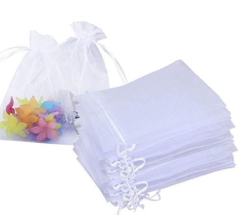 Stratalife 100PCS 5X7 inch White Organza Bags Drawstring Favor Pouches for Wedding Favor Jewelry Gift Bags (White 5x7)