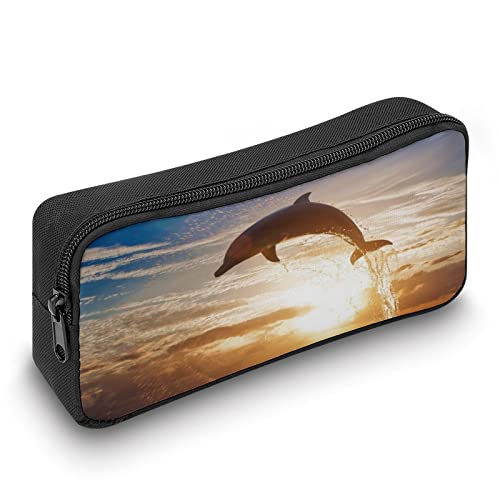 Dolphin Jumping Sea Surface at Sunset Pencil Case Pencil Pouch Coin Pouch Cosmetic Bag Office Stationery Organizer