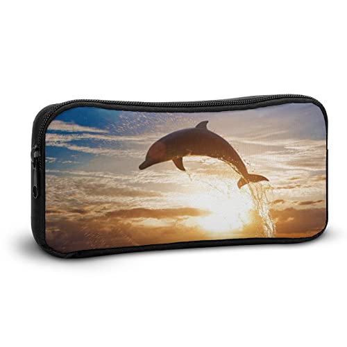 Dolphin Jumping Sea Surface at Sunset Pencil Case Pencil Pouch Coin Pouch Cosmetic Bag Office Stationery Organizer
