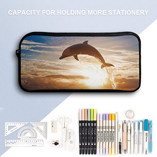 Dolphin Jumping Sea Surface at Sunset Pencil Case Pencil Pouch Coin Pouch Cosmetic Bag Office Stationery Organizer