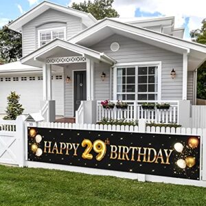 kimini-ki happy 29th birthday banner, lager 29th birthday banner backdrops, 29th years old decor, 29th birthday party decorations for men or women – black and gold (29th)