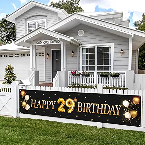 Kimini-Ki Happy 29th Birthday Banner, Lager 29th Birthday Banner Backdrops, 29th Years Old Decor, 29th Birthday Party Decorations for Men or Women - Black and Gold (29th)