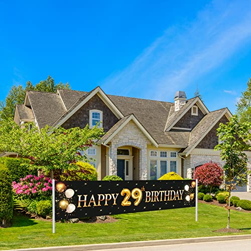 Kimini-Ki Happy 29th Birthday Banner, Lager 29th Birthday Banner Backdrops, 29th Years Old Decor, 29th Birthday Party Decorations for Men or Women - Black and Gold (29th)