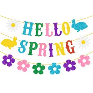 hello spring banner, spring banner garland, spring decorations for the home, spring easter theme party decorations, spring flower banner garland, indoor outdoor mantel fireplace hanging decor