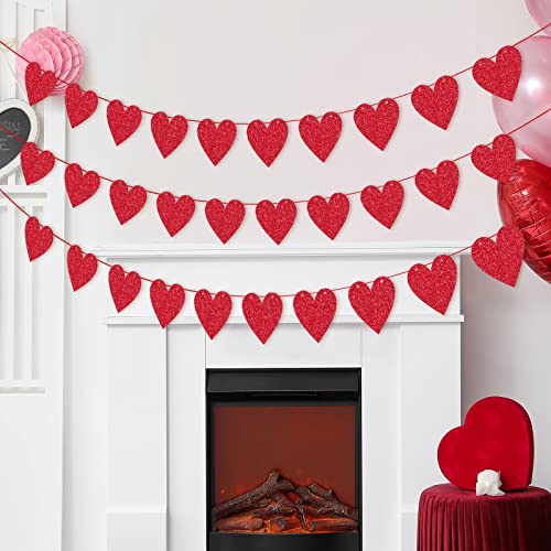 2 Pieces Heart Garland Banner for Valentines Day with Warm Led Lights Decorations Red Pink Heart Felt Banners Garland for Fireplace, Anniversary, Wedding, Engagement Party Home Decor (Style 1)