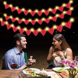 2 Pieces Heart Garland Banner for Valentines Day with Warm Led Lights Decorations Red Pink Heart Felt Banners Garland for Fireplace, Anniversary, Wedding, Engagement Party Home Decor (Style 1)