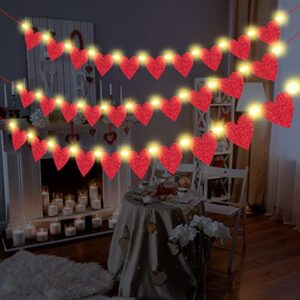 2 Pieces Heart Garland Banner for Valentines Day with Warm Led Lights Decorations Red Pink Heart Felt Banners Garland for Fireplace, Anniversary, Wedding, Engagement Party Home Decor (Style 1)