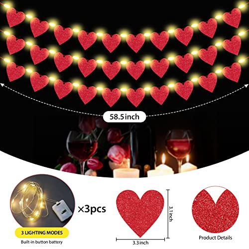 2 Pieces Heart Garland Banner for Valentines Day with Warm Led Lights Decorations Red Pink Heart Felt Banners Garland for Fireplace, Anniversary, Wedding, Engagement Party Home Decor (Style 1)