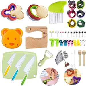 letto & tailor 41 pieces wooden kids kitchen knife set and sandwich cutter for kids gloves cutting board fruit vegetable crinkle cutters sandwich cutter, mickey shapes mold